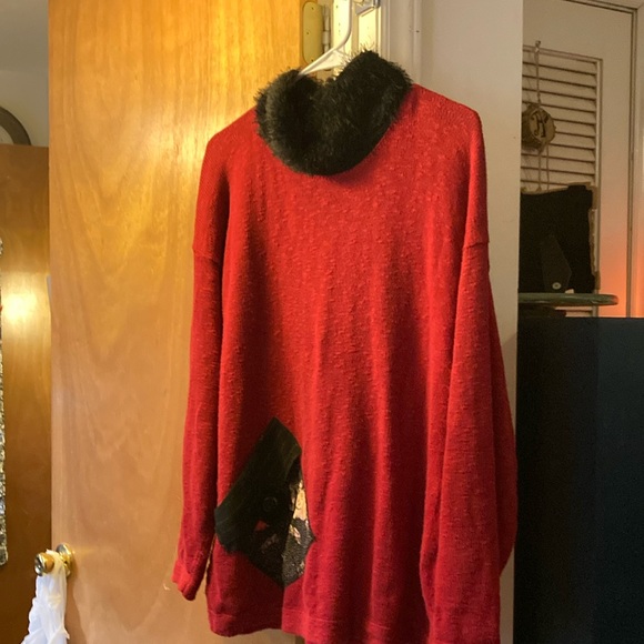 Furry Collar Bright Red Sweater Structured Chaos size large - Picture 1 of 8